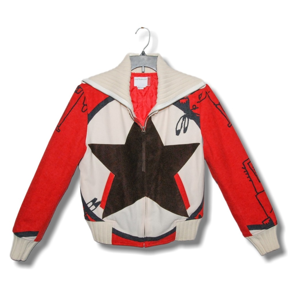 JC De Castelbajac Cardigan Women's 39" Star Red Bomber Jacket Made in Italy